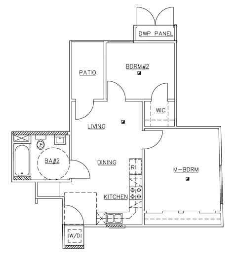 A floor plan of a house with a living room, dining room, kitchen, and a patio.